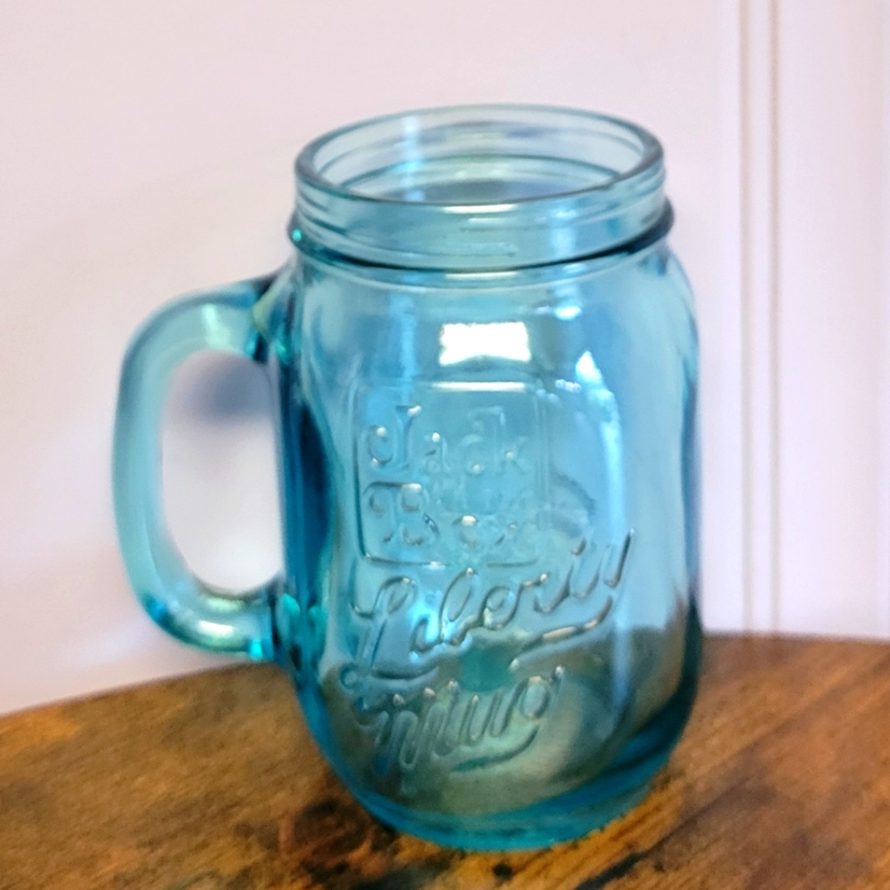 Vintage Blue Glass Bicentenial 1976 Jack the box Mason Jar Mug
